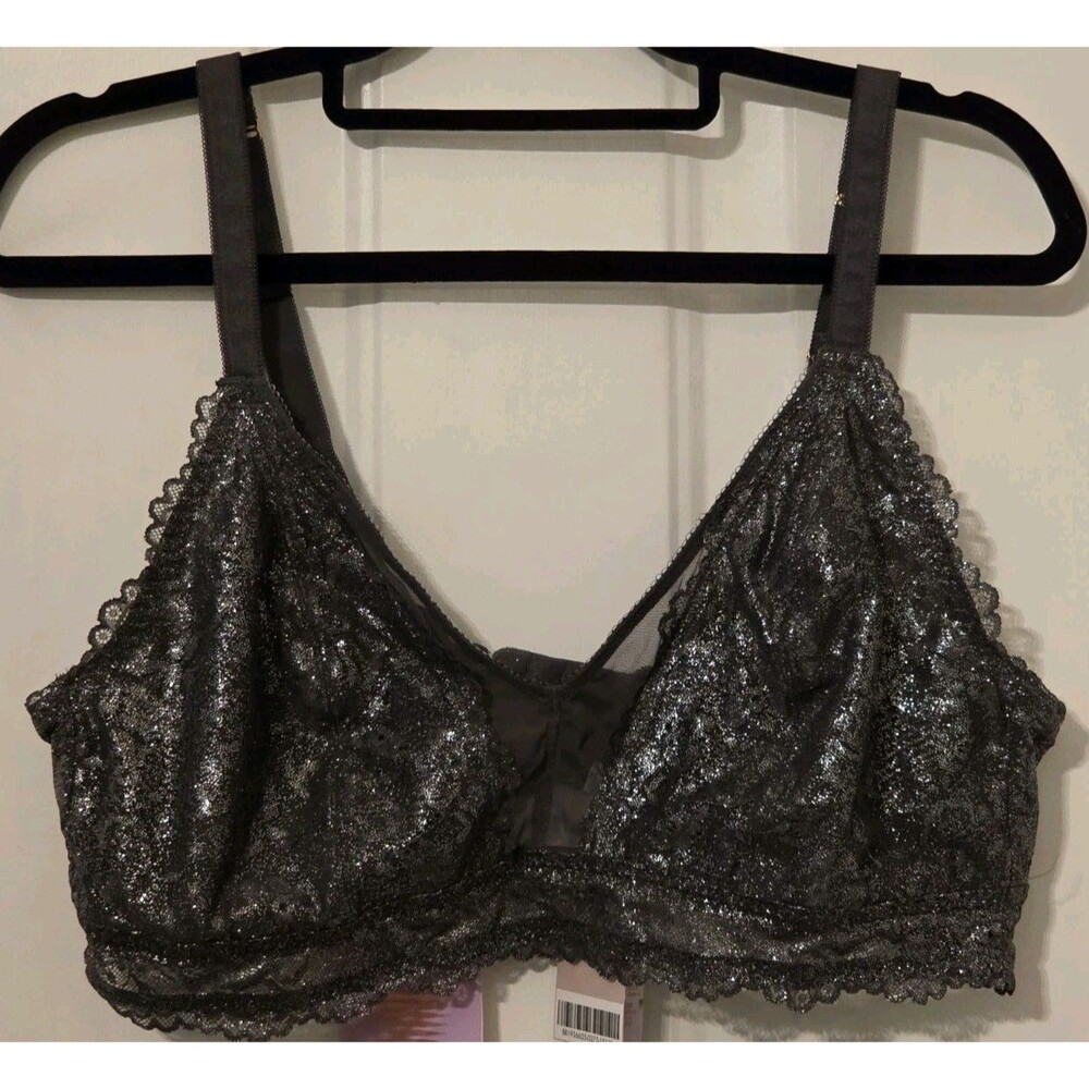 Savage X Fenty Bling Floral Lace Unlined Bra metallic blackened gray pearl - 3X